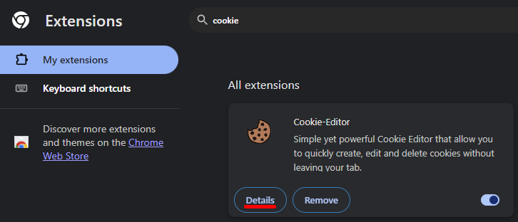 Screenshot of the page with "cookie" in search bar