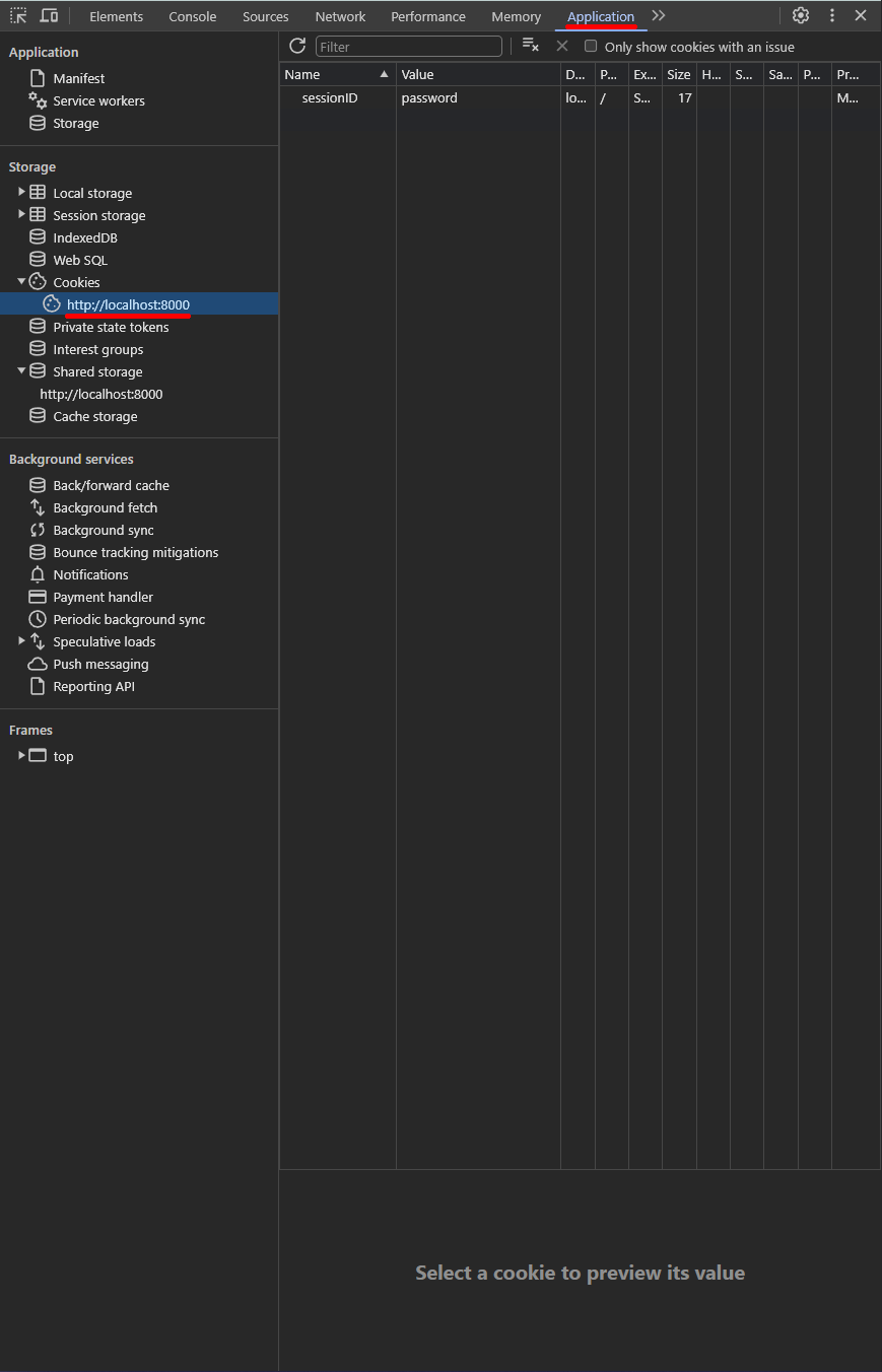 Screenshot highlighting Application as the rightmost tab at the top. Localhost is highlighted in the Cookies dropdown on the left upper middle